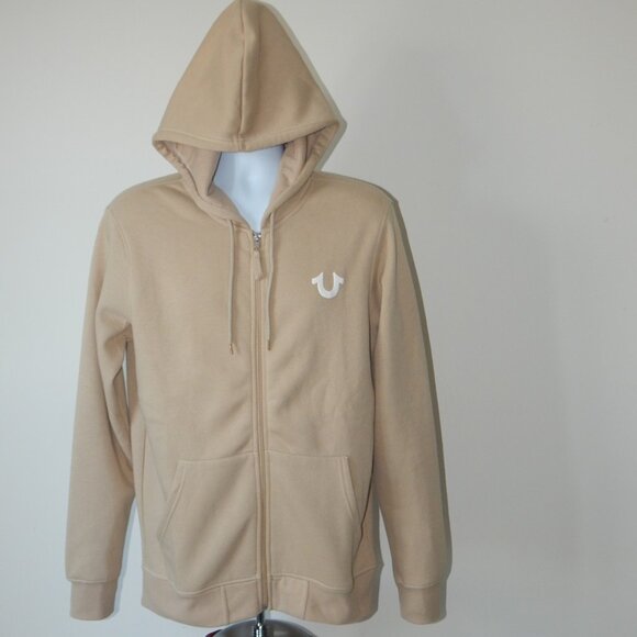 NWT MEN TRUE RELIGION Buddha Logo Seal Full Zip Fleece Hoodie Jacket Beige MED